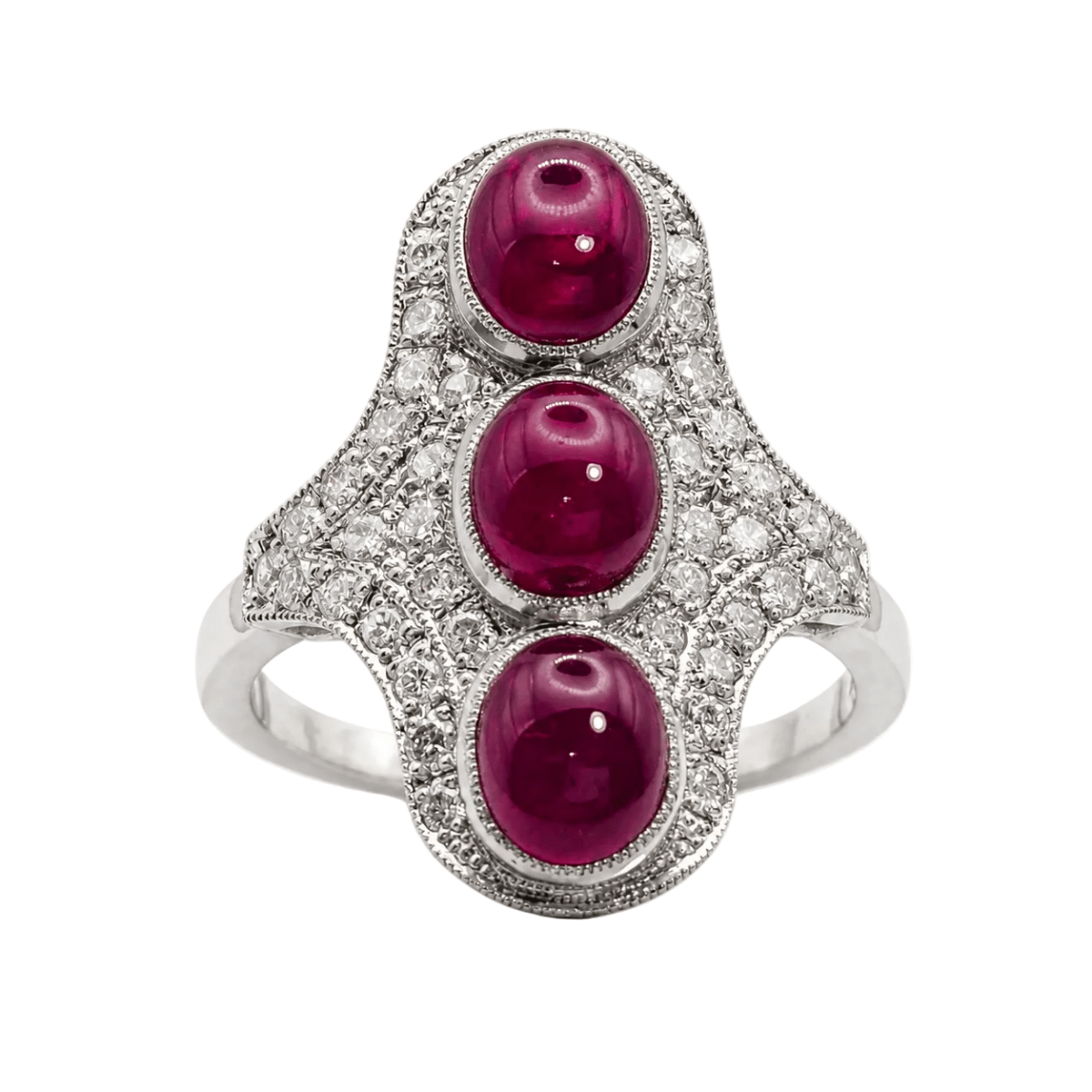 Bague Trilogie en platine, rubis et diamants - Castafiore