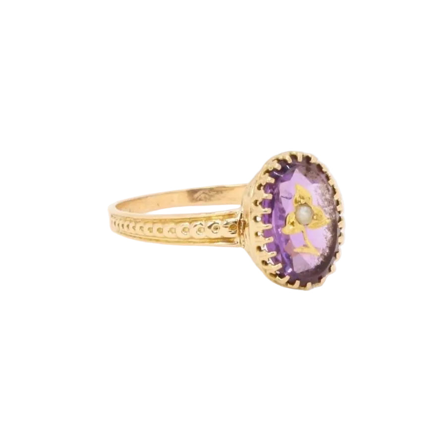 Bague victorienne or jaune améthyste gravée perle - Castafiore