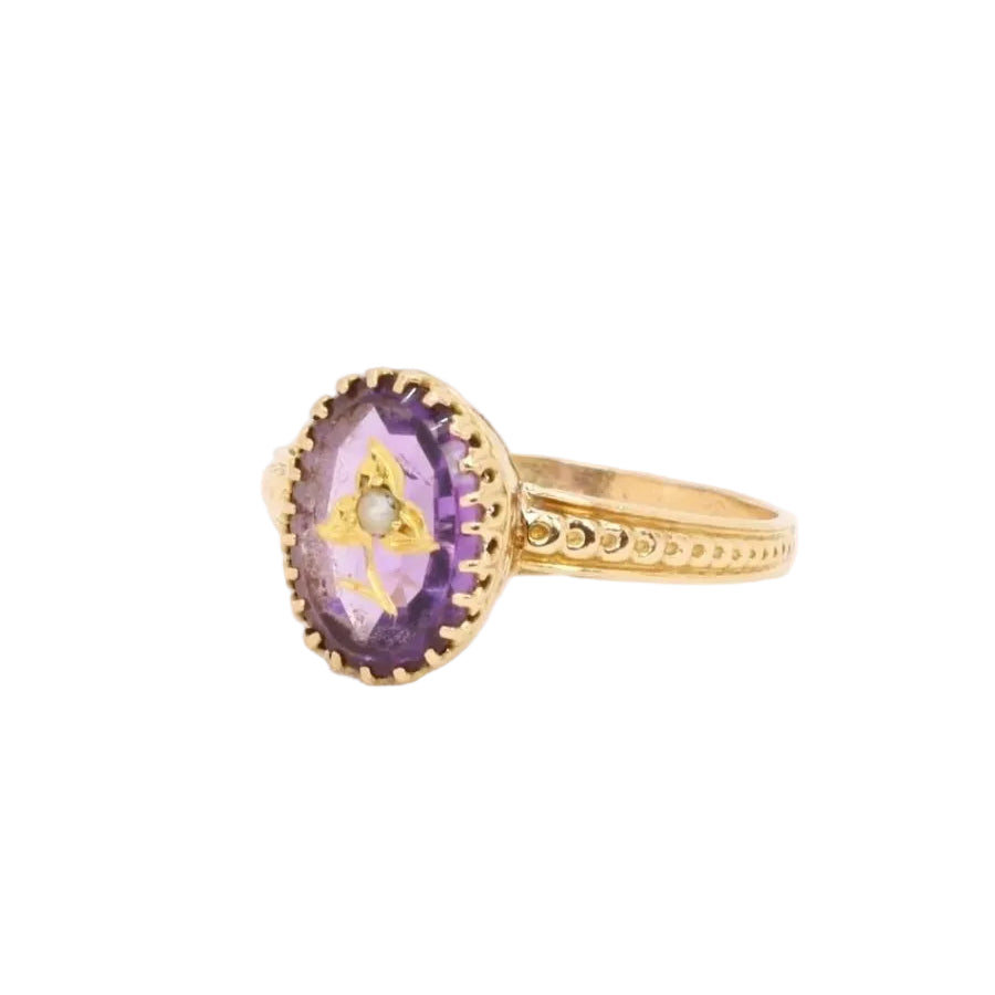 Bague victorienne or jaune améthyste gravée perle - Castafiore