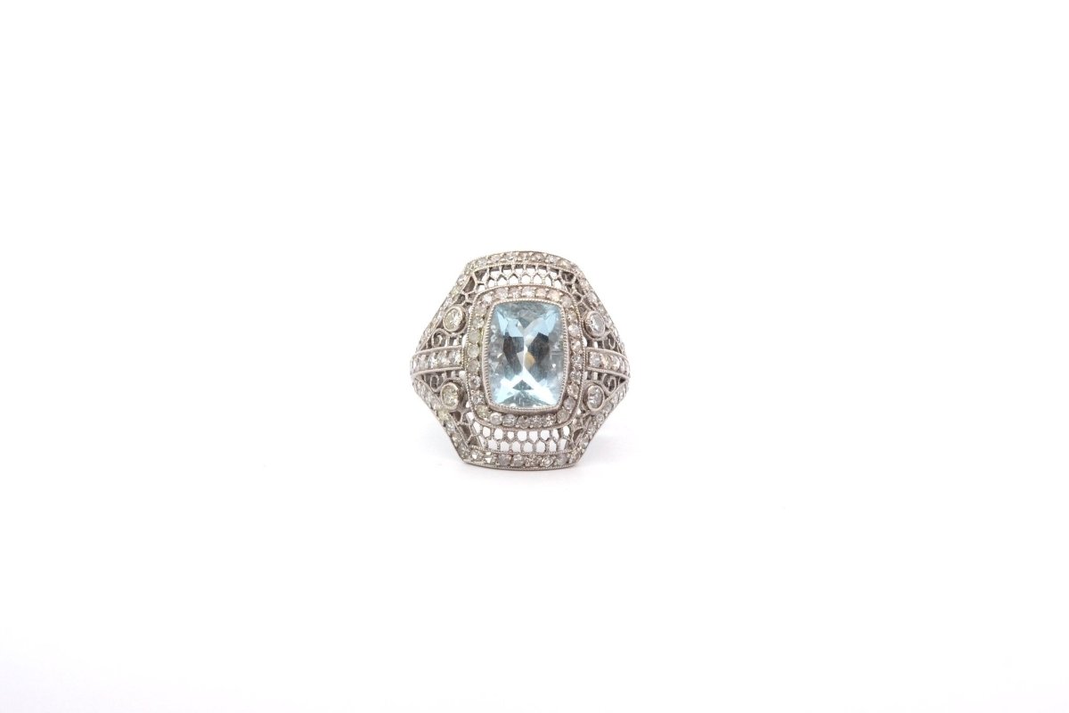 Bague vintage aigue - marine et diamants - Castafiore