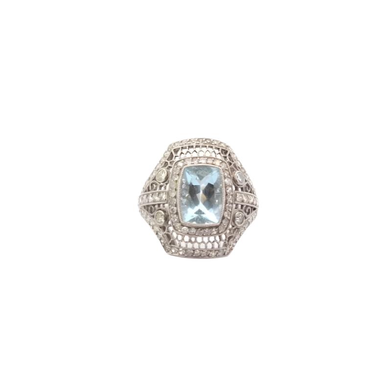 Bague vintage aigue - marine et diamants - Castafiore