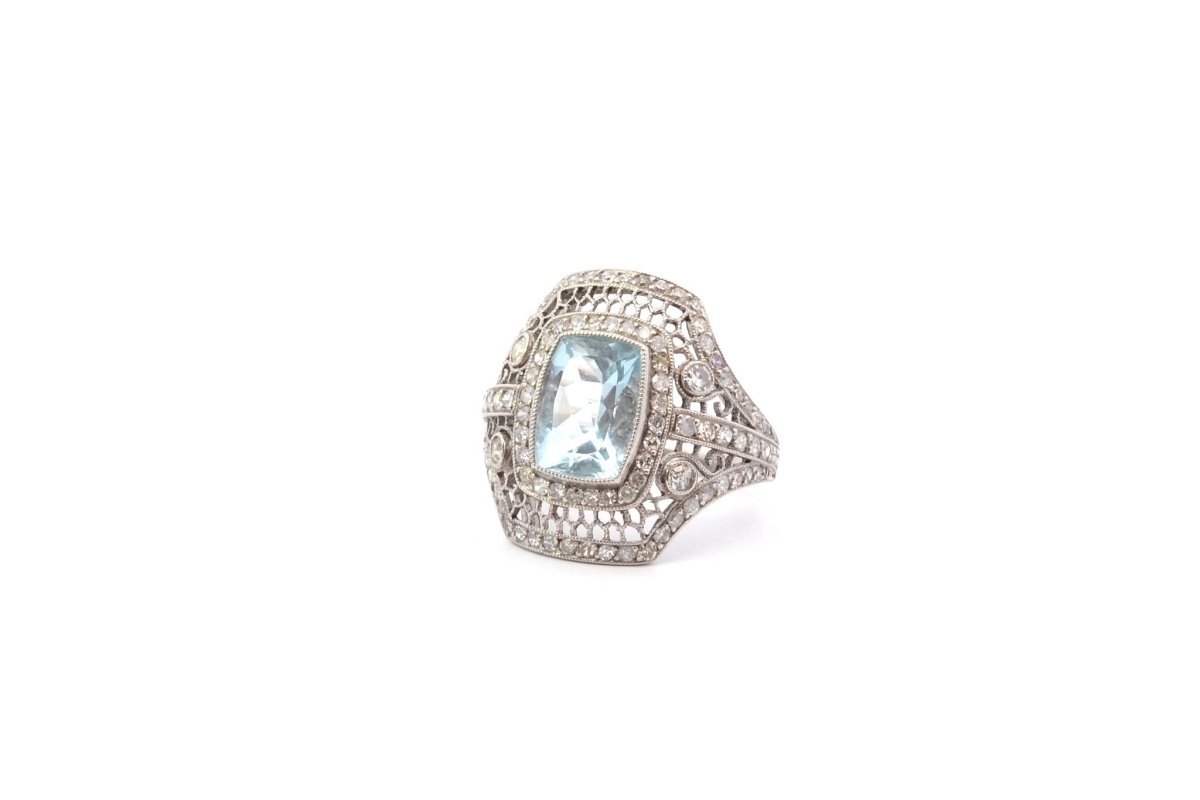 Bague vintage aigue - marine et diamants - Castafiore