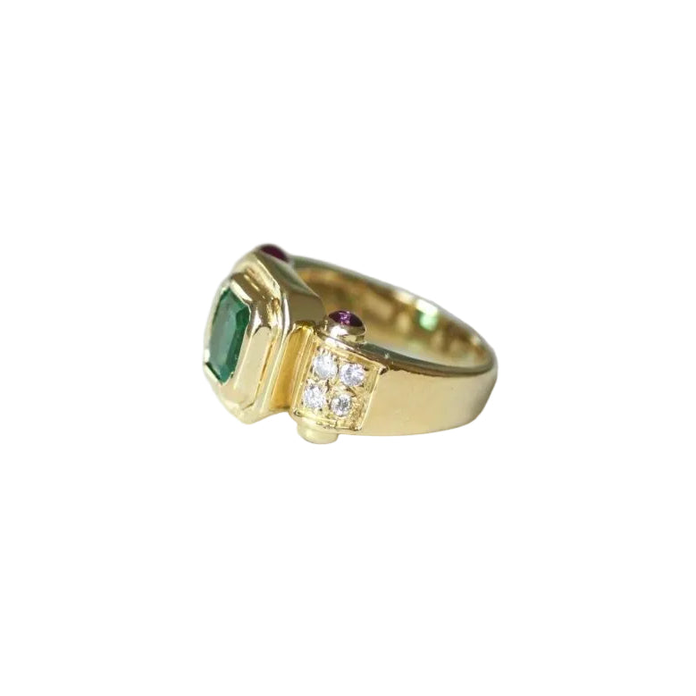 Bague Vintage Emeraude Colombienne, Diamants et Rubis sur Or Jaune - Castafiore