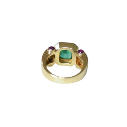 Bague Vintage Emeraude Colombienne, Diamants et Rubis sur Or Jaune - Castafiore