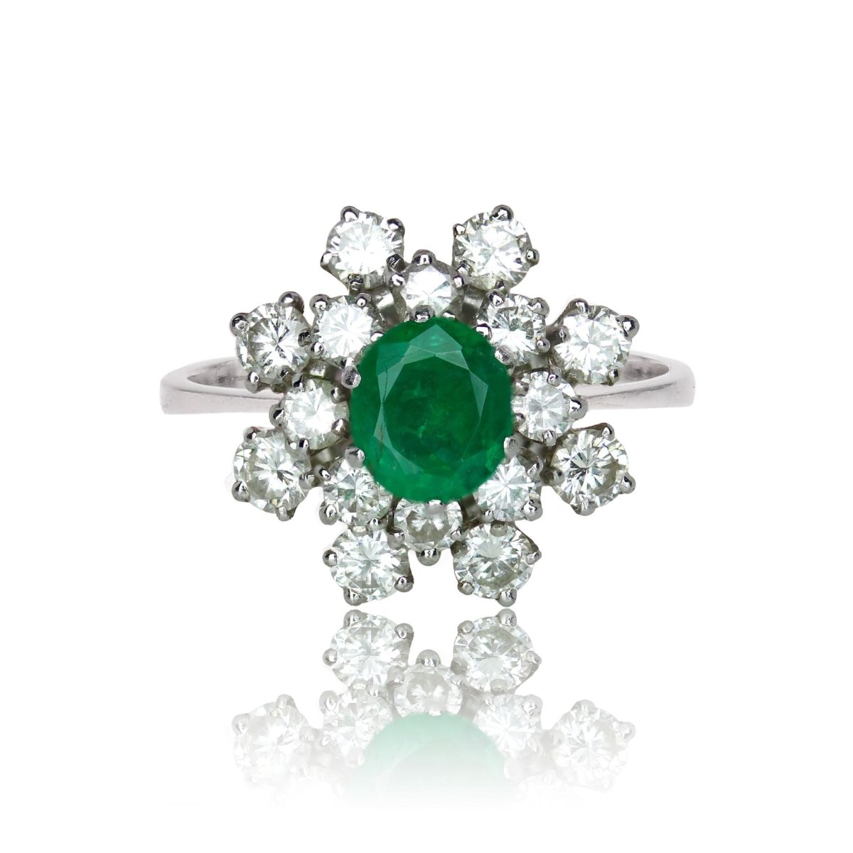 Bague VINTAGE Émeraude et diamants en or blanc - Castafiore