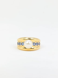 Bague vintage en or jaune, perle et saphirs - Castafiore