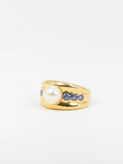 Bague vintage en or jaune, perle et saphirs - Castafiore