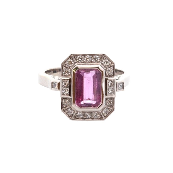 Bague vintage en platine saphir rose et diamants - Castafiore