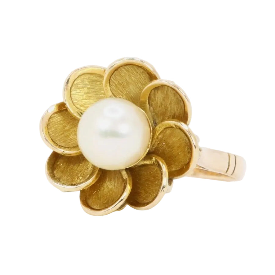 Bague VINTAGE Fleur en or jaune et perle - Castafiore