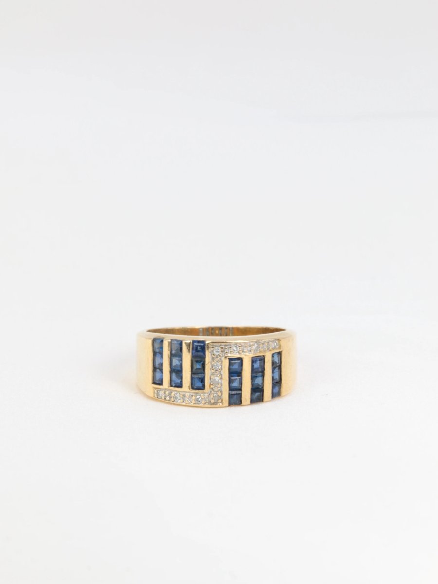 Bague vintage géométrique en or, saphirs et diamants - Castafiore