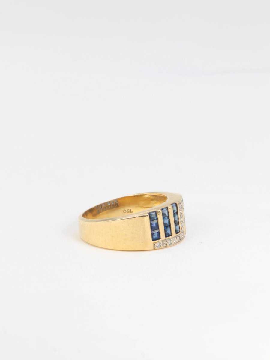 Bague vintage géométrique en or, saphirs et diamants - Castafiore