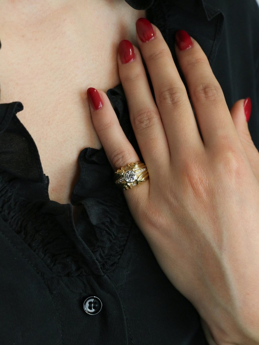 Bague vintage godrons or jaune diamant 0.8 ct - Castafiore