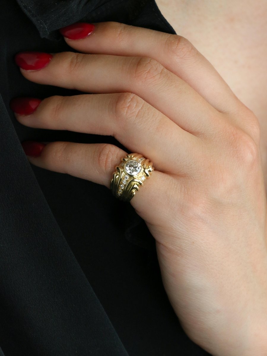 Bague vintage godrons or jaune diamant 0.8 ct - Castafiore