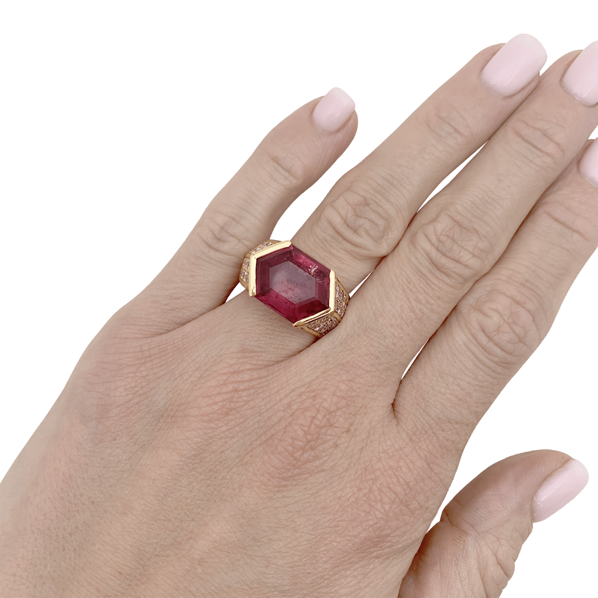 Bague vintage O.J. Perrin en or jaune, tourmaline rose et diamants - Castafiore