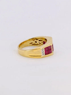 Bague vintage or jaune rubis calibrés diamants - Castafiore