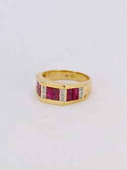 Bague vintage or jaune rubis calibrés diamants - Castafiore