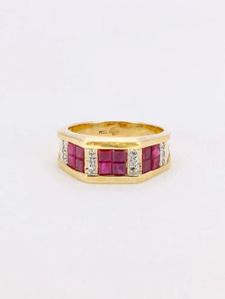 Bague vintage or jaune rubis calibrés diamants - Castafiore