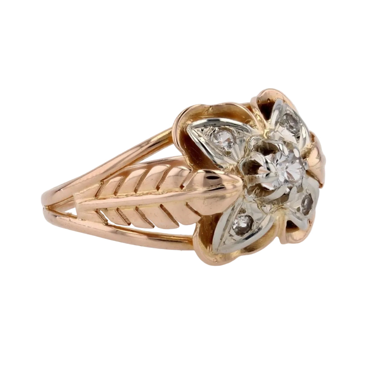 Bague vintage plumes et trèfle or rose - Castafiore