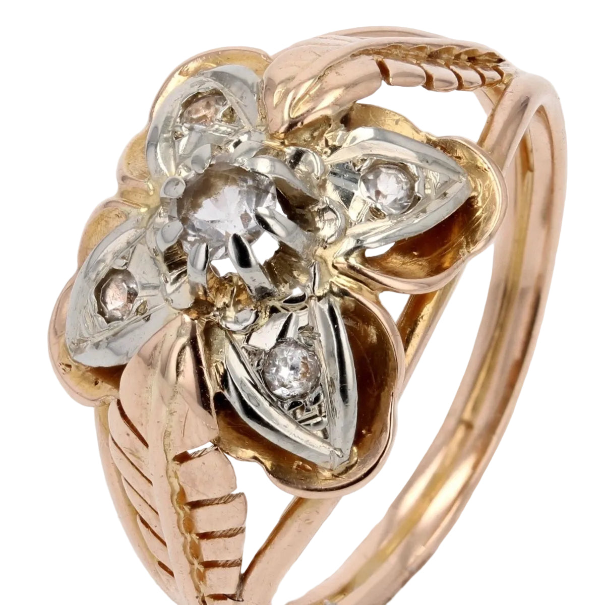 Bague vintage plumes et trèfle or rose - Castafiore