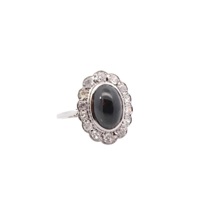 Bague vintage saphir cabochon et diamants en platine - Castafiore