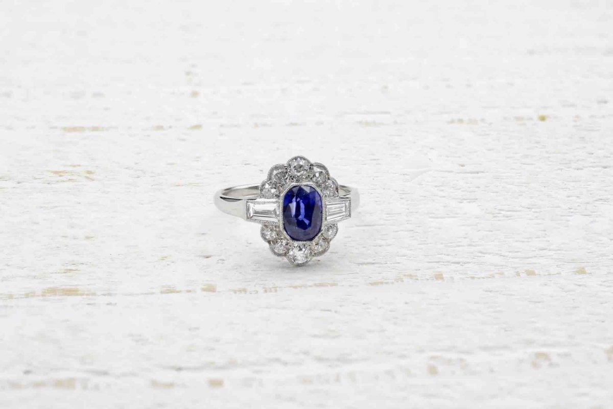 Bague vintage saphir et diamants en platine - Castafiore