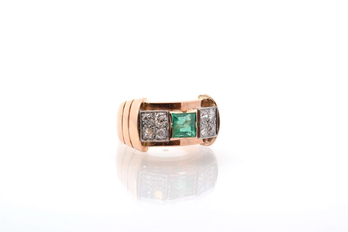 Bague vintage tank émeraude et diamants - Castafiore