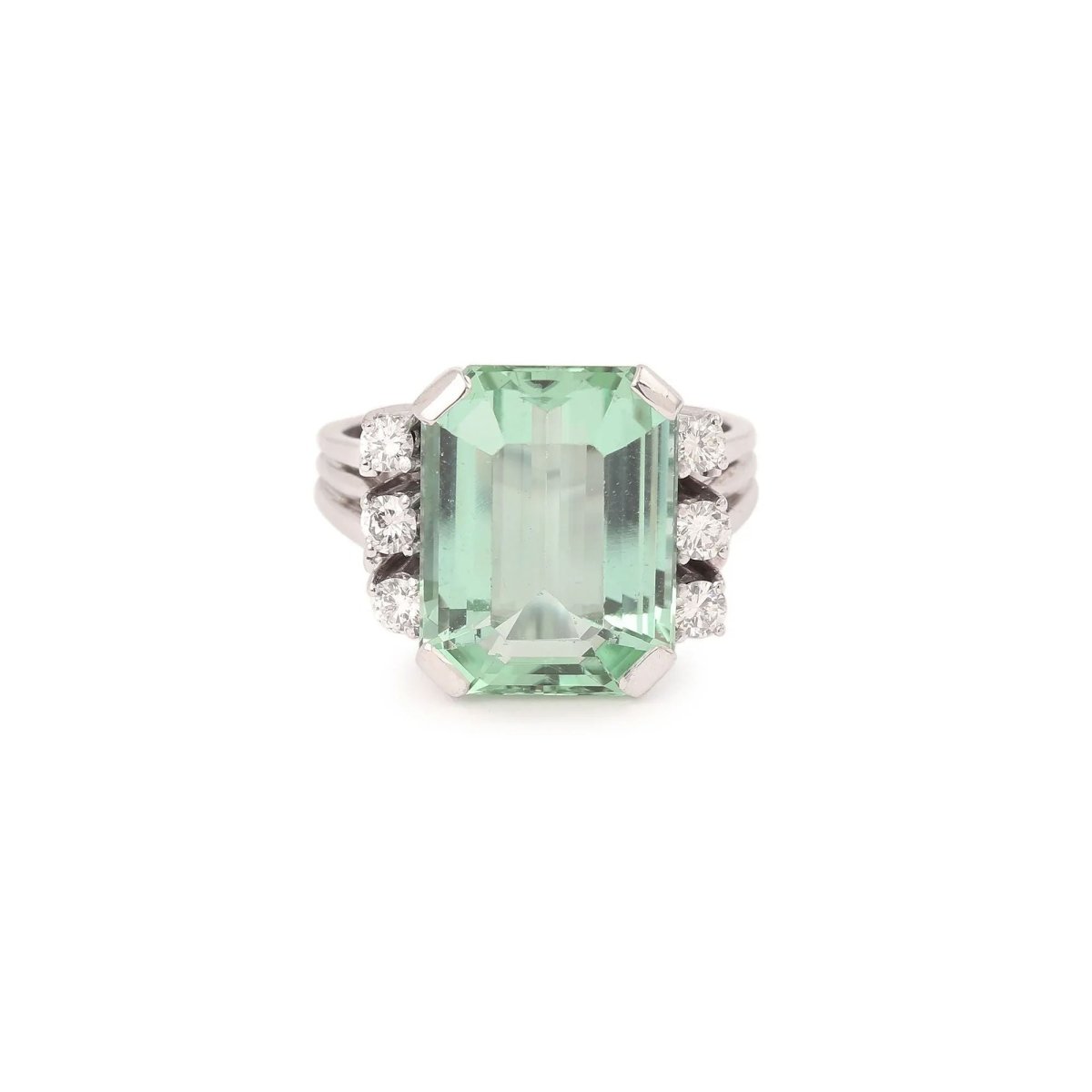 Bague Vintage Tourmaline Verte 9 carats Diamants Or Gris 18 Carats - Castafiore