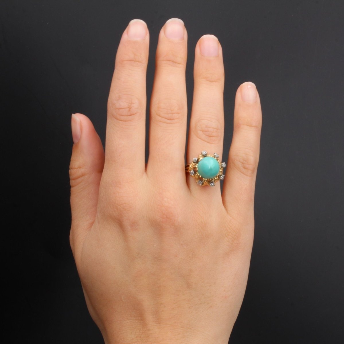 Bague vintage turquoise pain de sucre et diamants - Castafiore