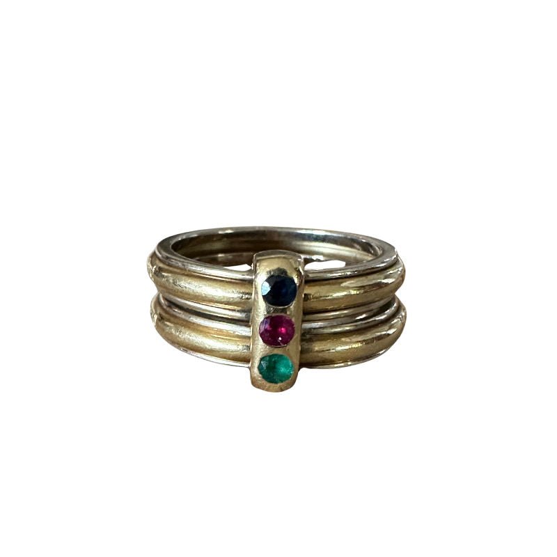 Bague YVES SAINT LAURENT en or jaune, rubis, émeraude et saphir - Castafiore
