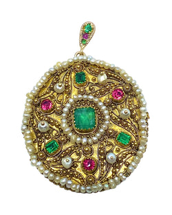 Pendentif en or jaune 18 carats, émeraude et perles