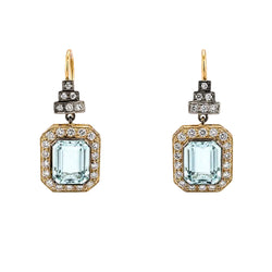 Drop Earrings in Yellow Gold, Silver, Aquamarines, and Diamonds