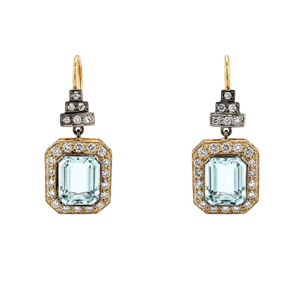 Drop Earrings in Yellow Gold, Silver, Aquamarines, and Diamonds
