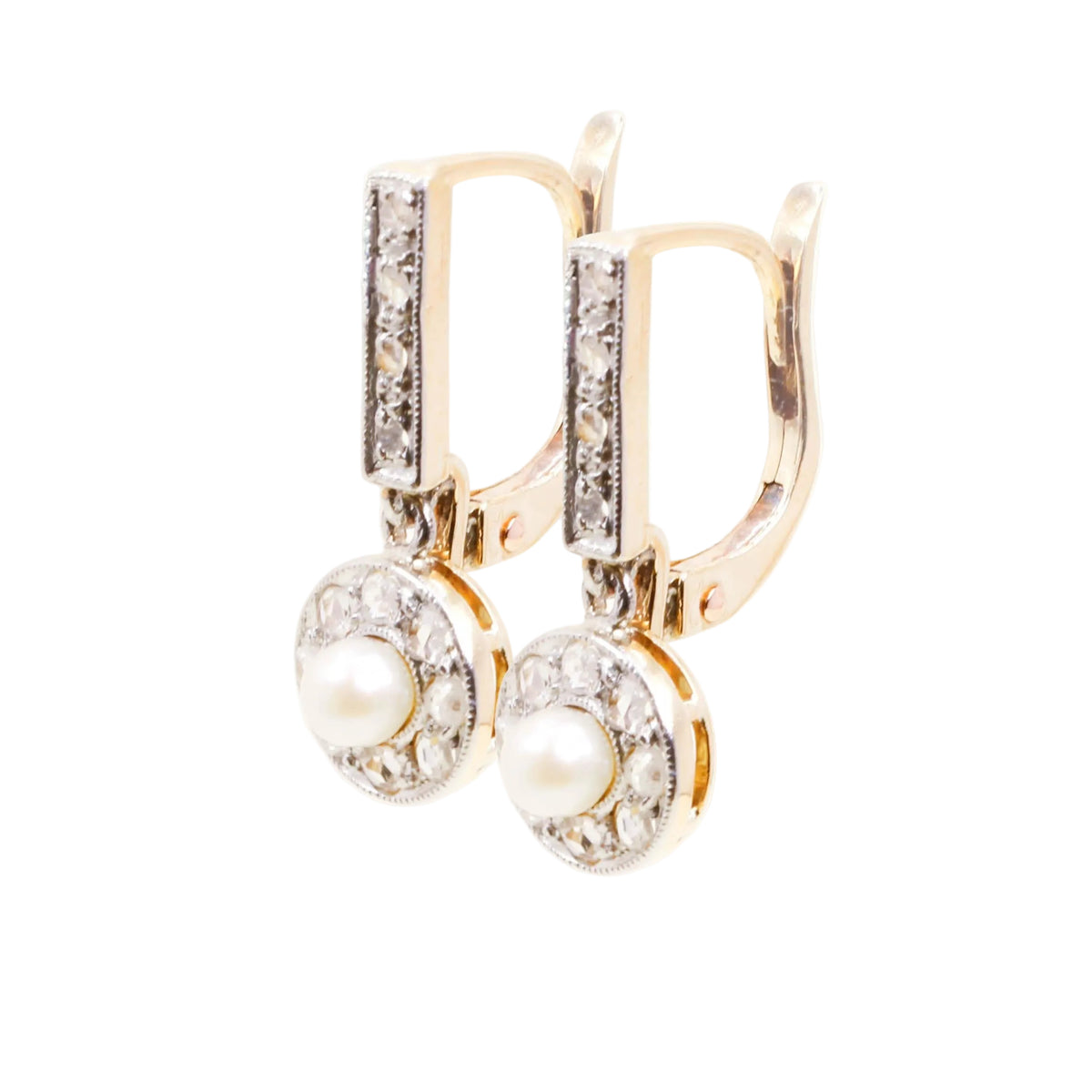 Yellow Gold Lever-back Earrings with Pearls and Diamonds