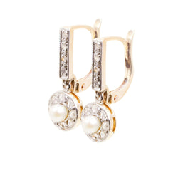Yellow Gold Lever-back Earrings with Pearls and Diamonds