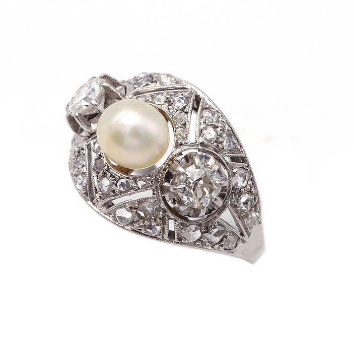 Cocktail Ring in Platinum, Pearl, and Diamonds