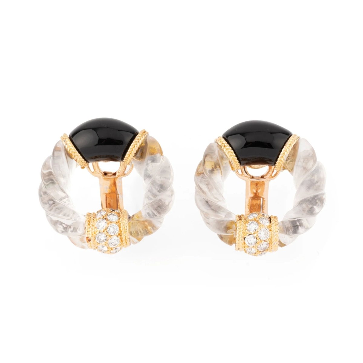 Boucle d'oreille en or jaune onyx,cristal de roche et diamant de la maison Boucheron - Castafiore