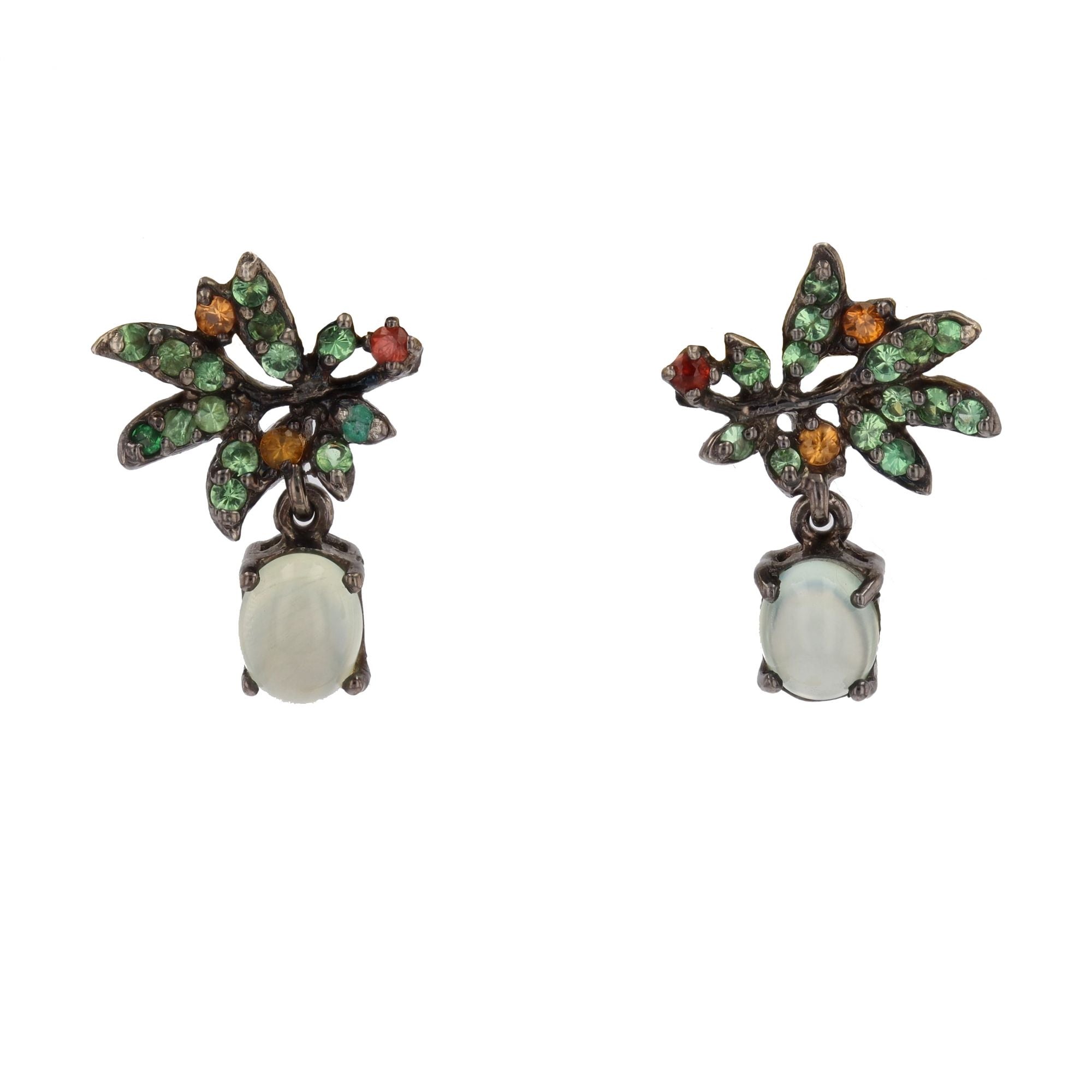 Earrings prehnite garnets on silver blackened