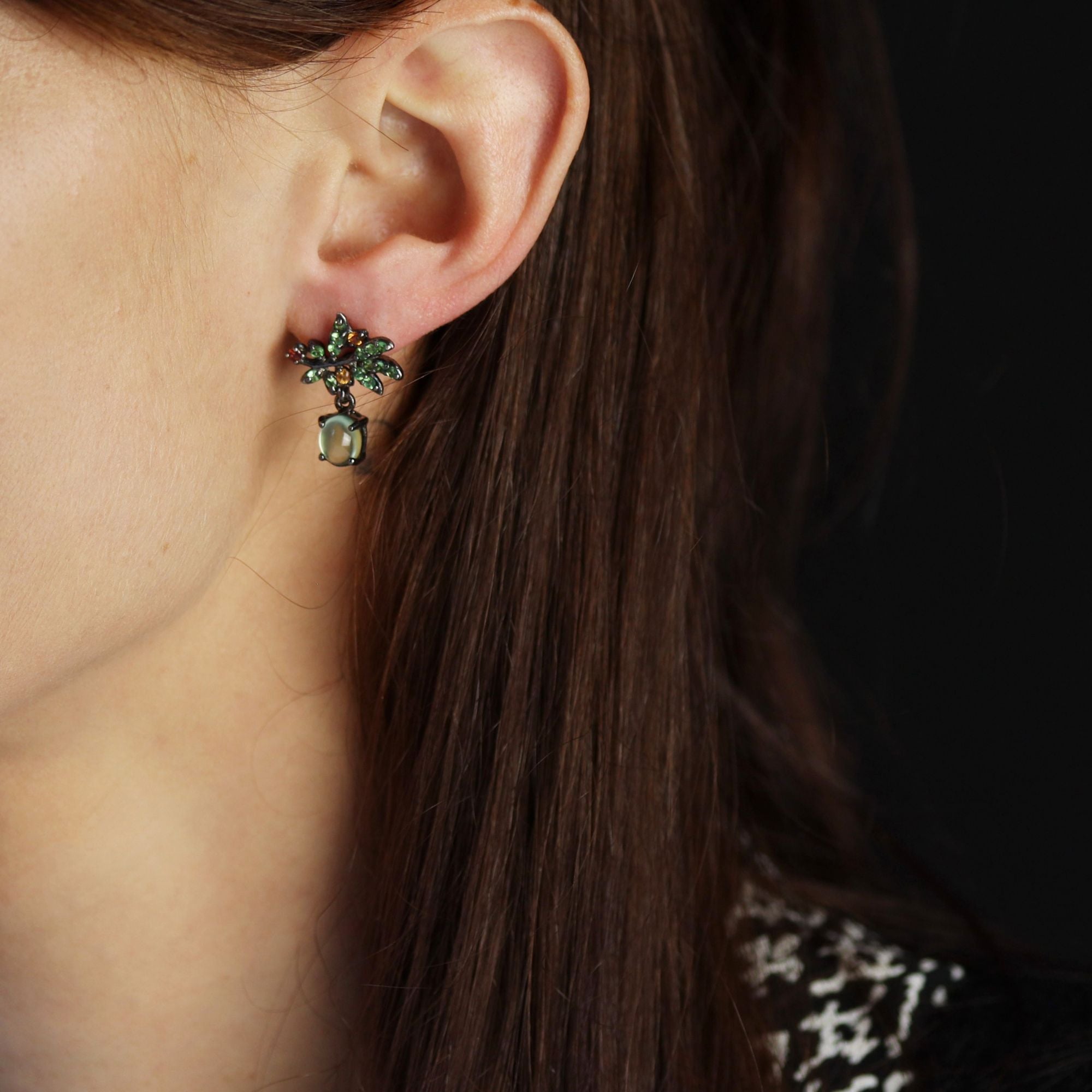 Earrings prehnite garnets on silver blackened