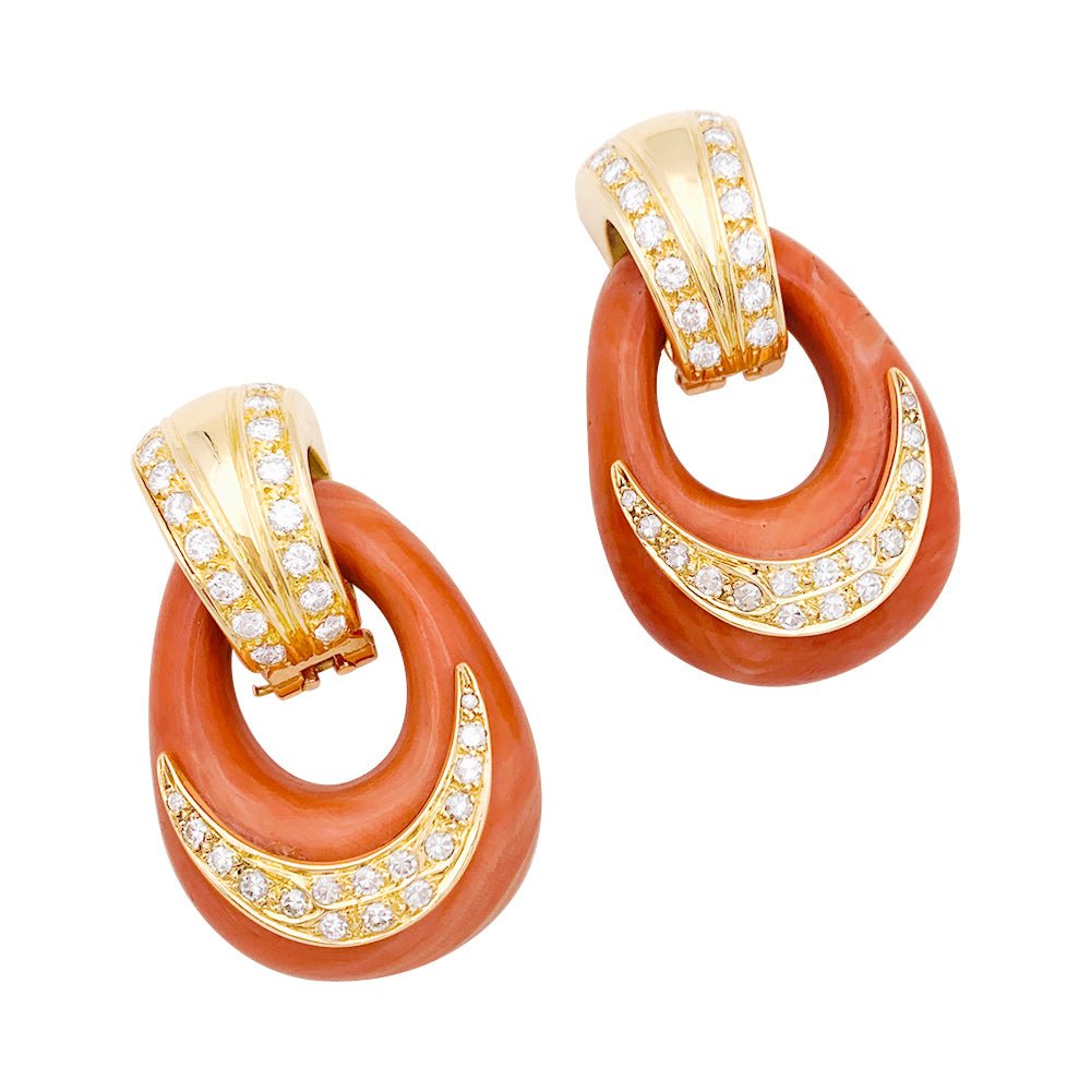 Boucles d'oreille vintage or jaune, diamants, corail - Castafiore