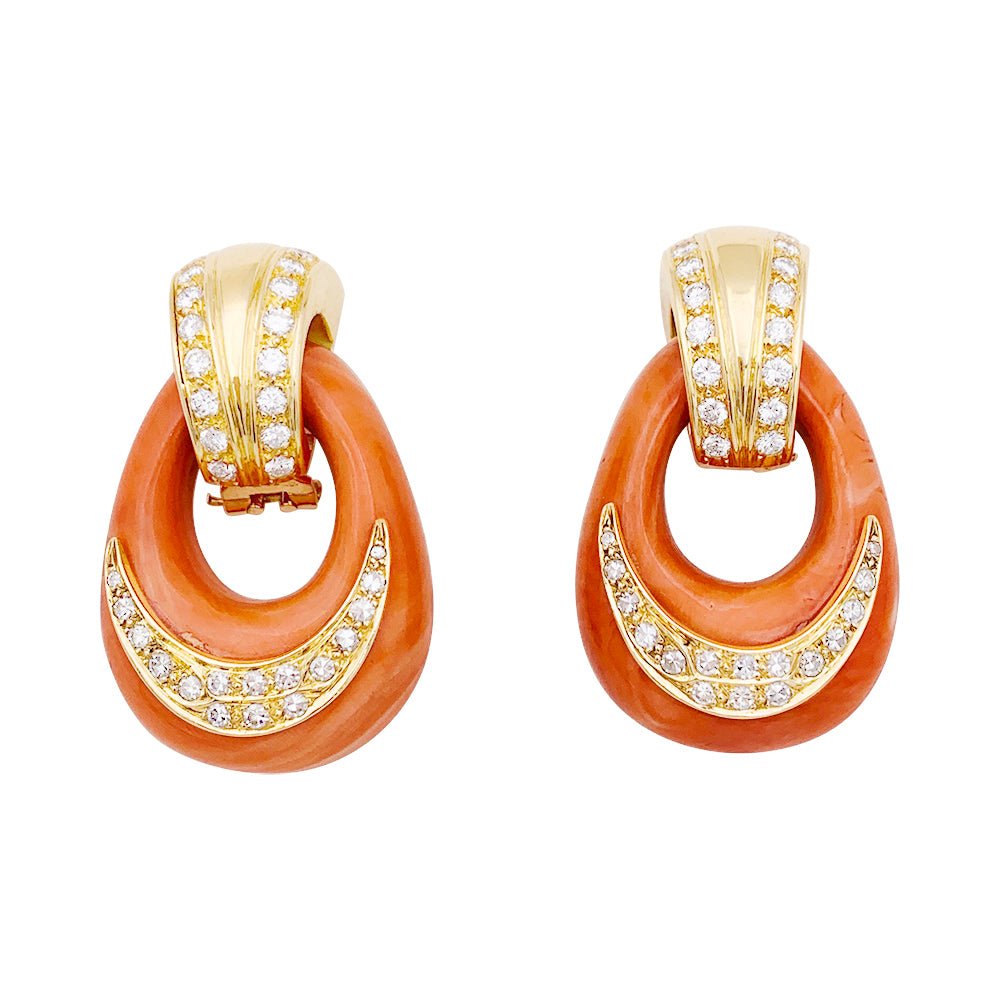 Boucles d'oreille vintage or jaune, diamants, corail - Castafiore