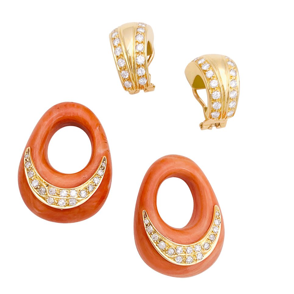 Boucles d'oreille vintage or jaune, diamants, corail - Castafiore