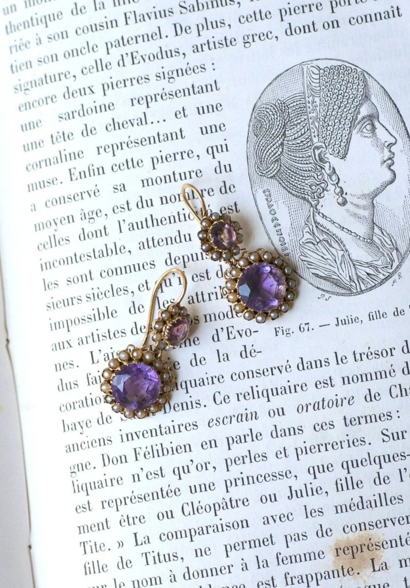 Boucles d'Oreilles Améthystes et Perles Or Rose - Castafiore