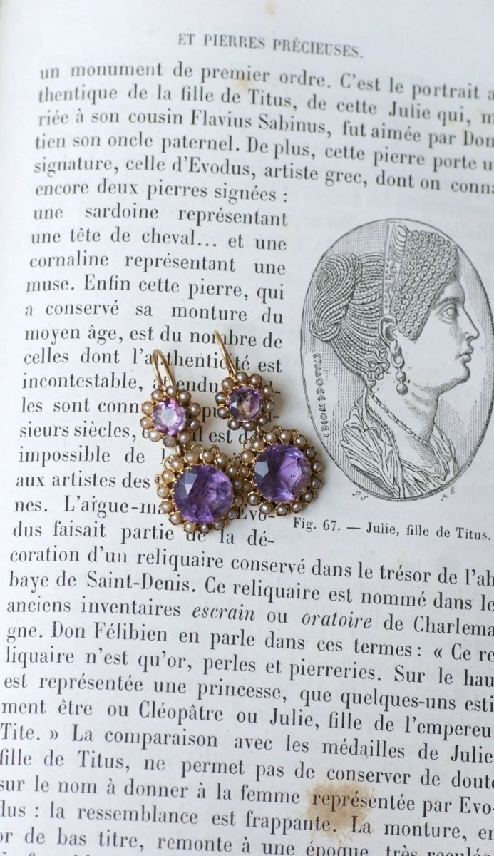 Boucles d'Oreilles Améthystes et Perles Or Rose - Castafiore