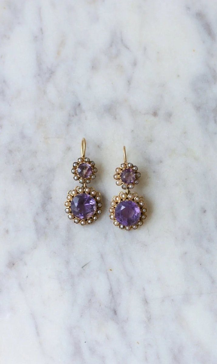 Boucles d'Oreilles Améthystes et Perles Or Rose - Castafiore