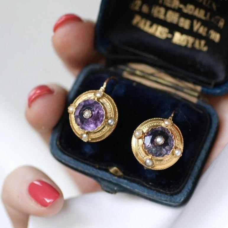 Boucles d'Oreilles Améthystes et Perles sur Or Jaune - Castafiore