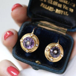 Boucles d'Oreilles Améthystes et Perles sur Or Jaune - Castafiore