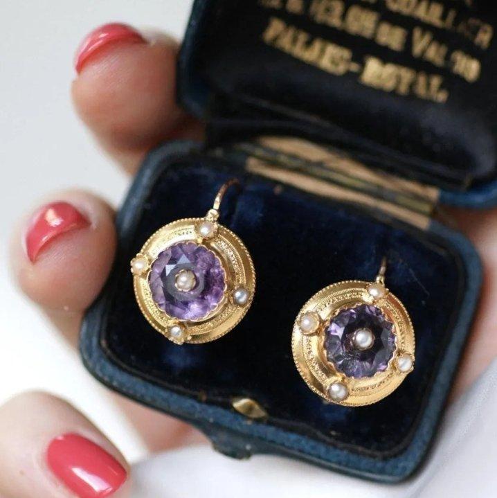 Boucles d'Oreilles Améthystes et Perles sur Or Jaune - Castafiore