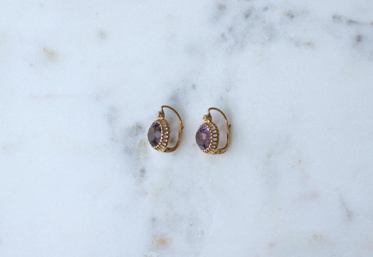 Boucles d'Oreilles Anciennes Améthystes et Diamants sur Or Jaune - Castafiore