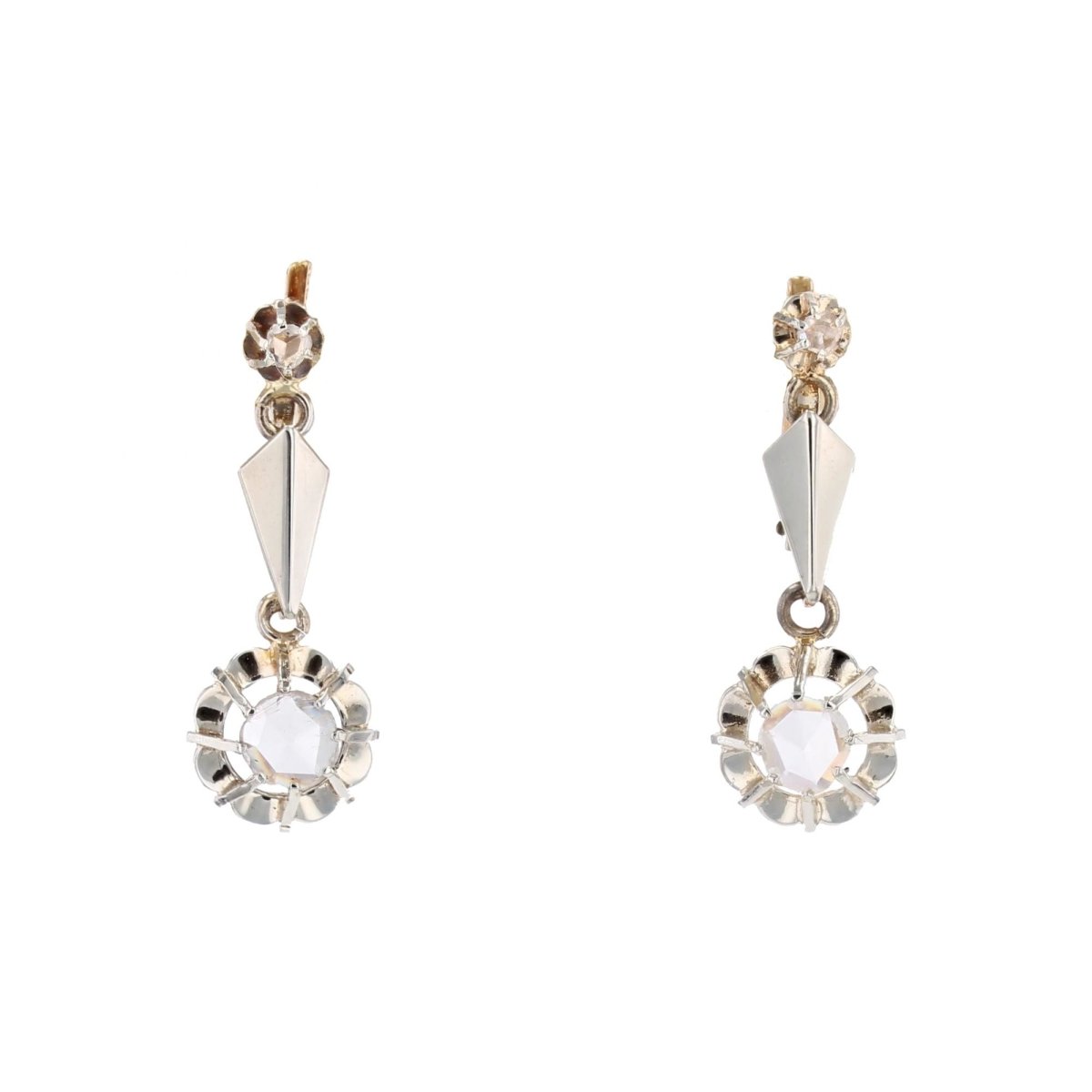 Boucles d'oreilles ANCIENNES Dormeuses en or blanc et rose diamants - Castafiore