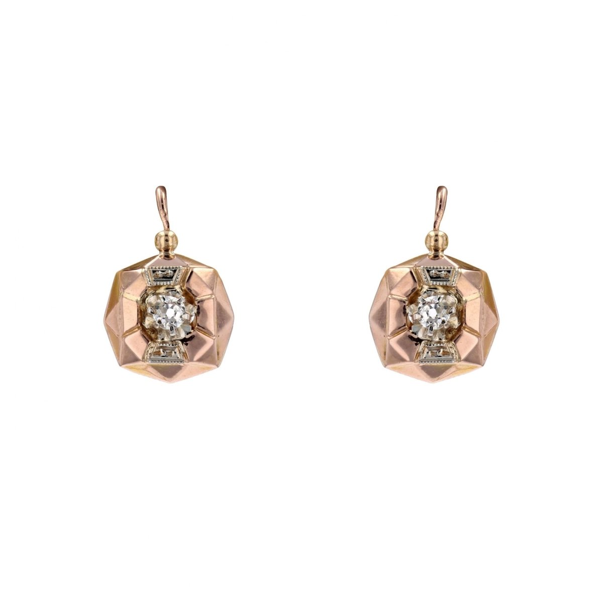 Boucles d'oreilles ANCIENNES Dormeuses en or rose et diamants - Castafiore